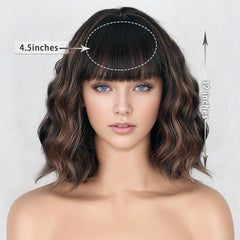 Short Wavy Curly Wig with Bangs Shoulder Length Synthetic Hair Wigs Heat Resistant Fiber Wig for Daily Part