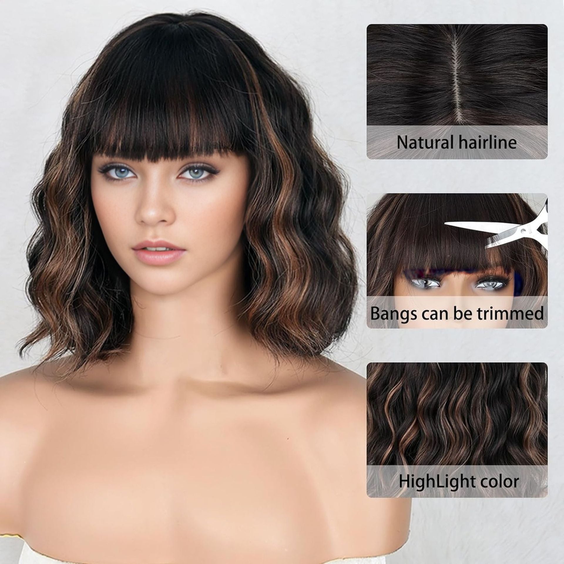 Short Wavy Curly Wig with Bangs Shoulder Length Synthetic Hair Wigs Heat Resistant Fiber Wig for Daily Part