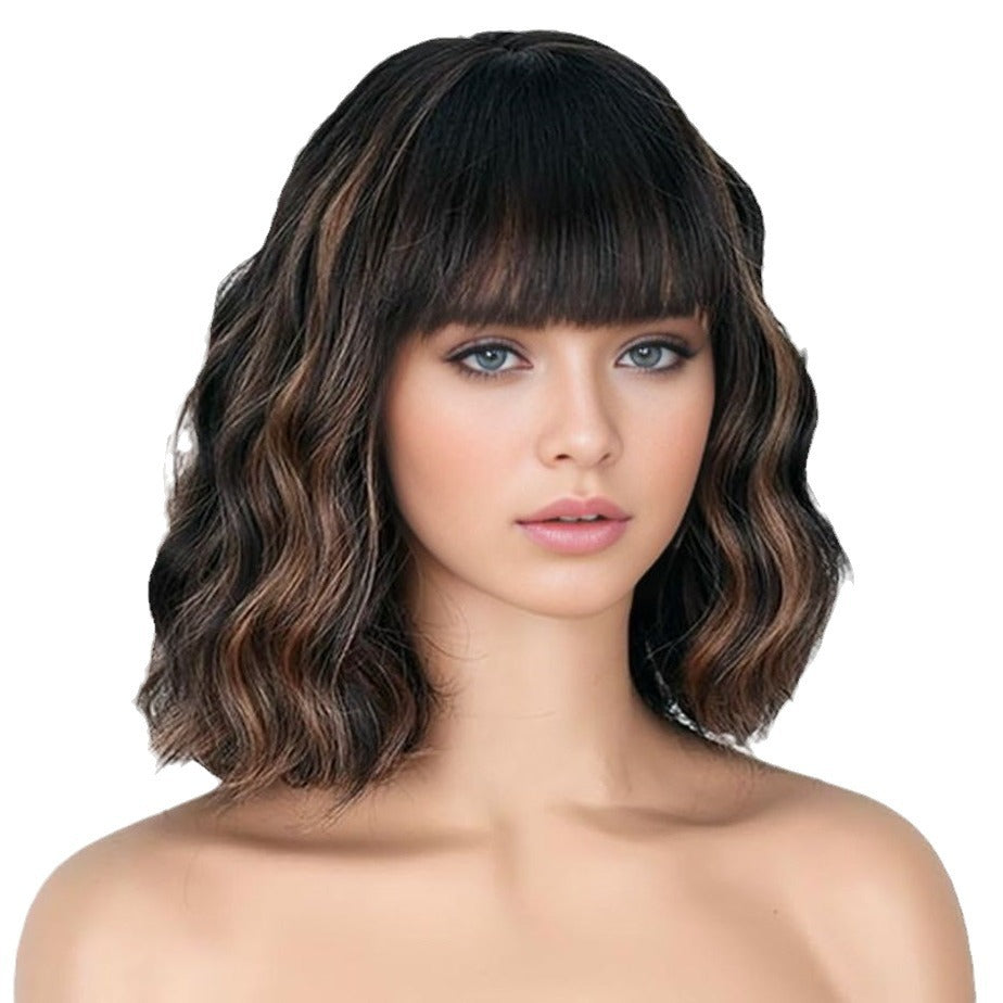 Short Wavy Curly Wig with Bangs Shoulder Length Synthetic Hair Wigs Heat Resistant Fiber Wig for Daily Part