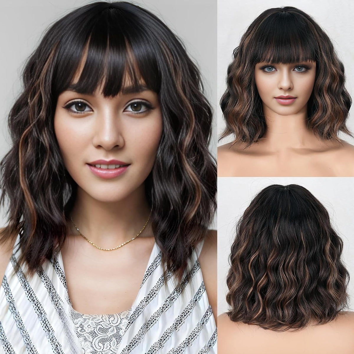 Short Wavy Curly Wig with Bangs Shoulder Length Synthetic Hair Wigs Heat Resistant Fiber Wig for Daily Part