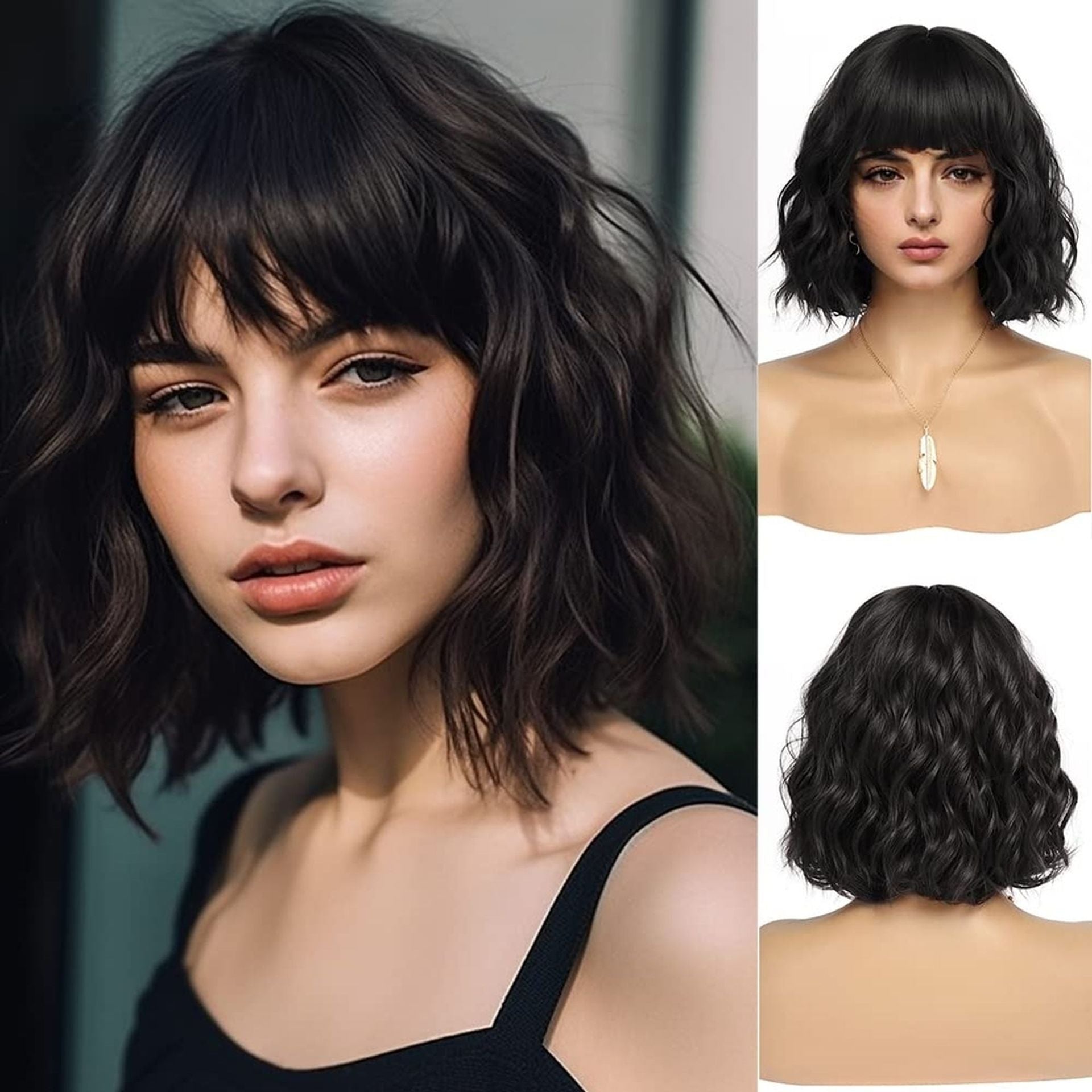 Short Wavy Curly Wig with Bangs Shoulder Length Synthetic Hair Wigs Heat Resistant Fiber Wig for Daily Part