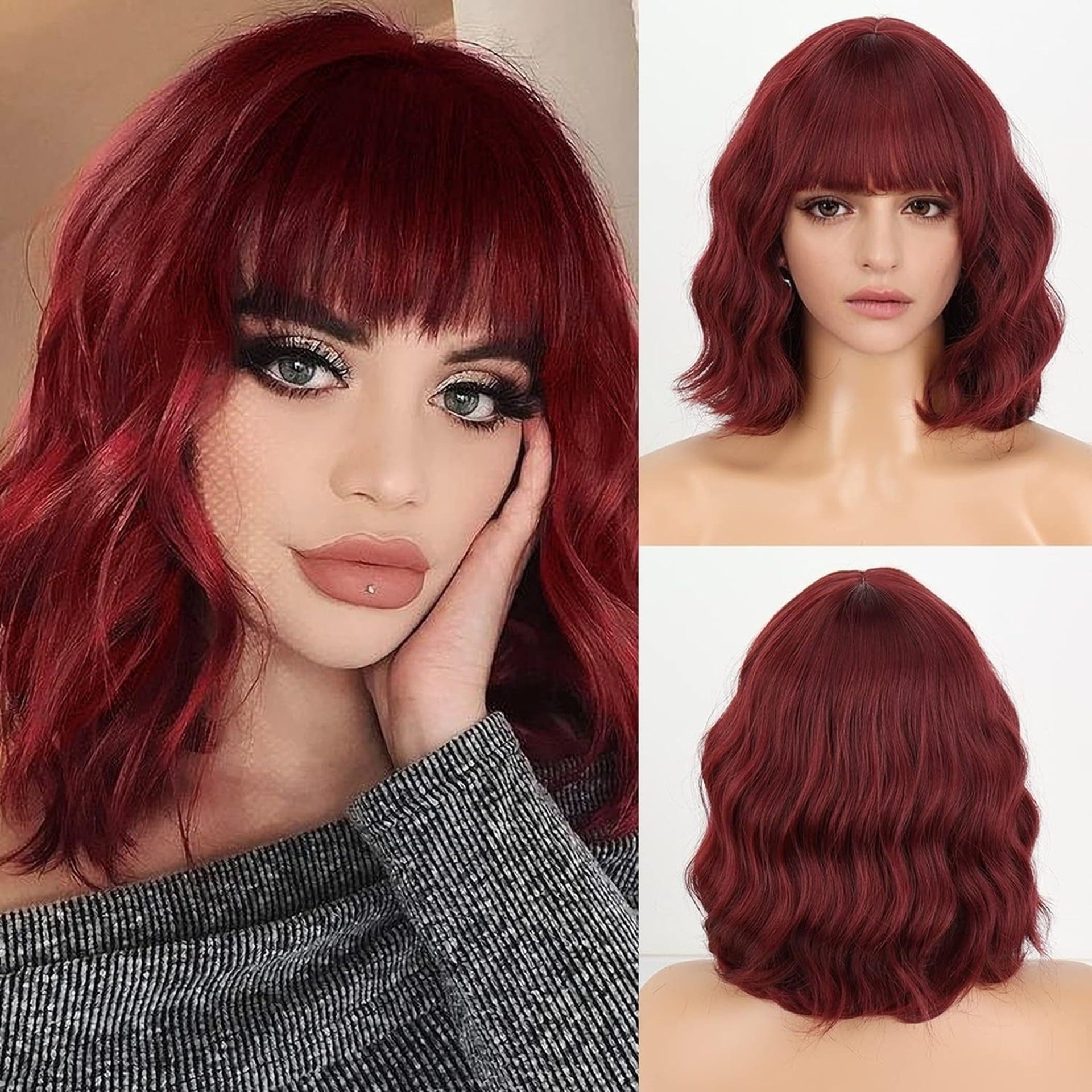 Short Wavy Curly Wig with Bangs Shoulder Length Synthetic Hair Wigs Heat Resistant Fiber Wig for Daily Part