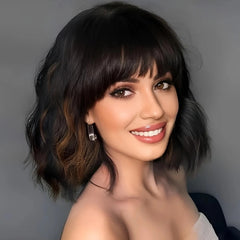 Short Wavy Curly Wig with Bangs Shoulder Length Synthetic Hair Wigs Heat Resistant Fiber Wig for Daily Part