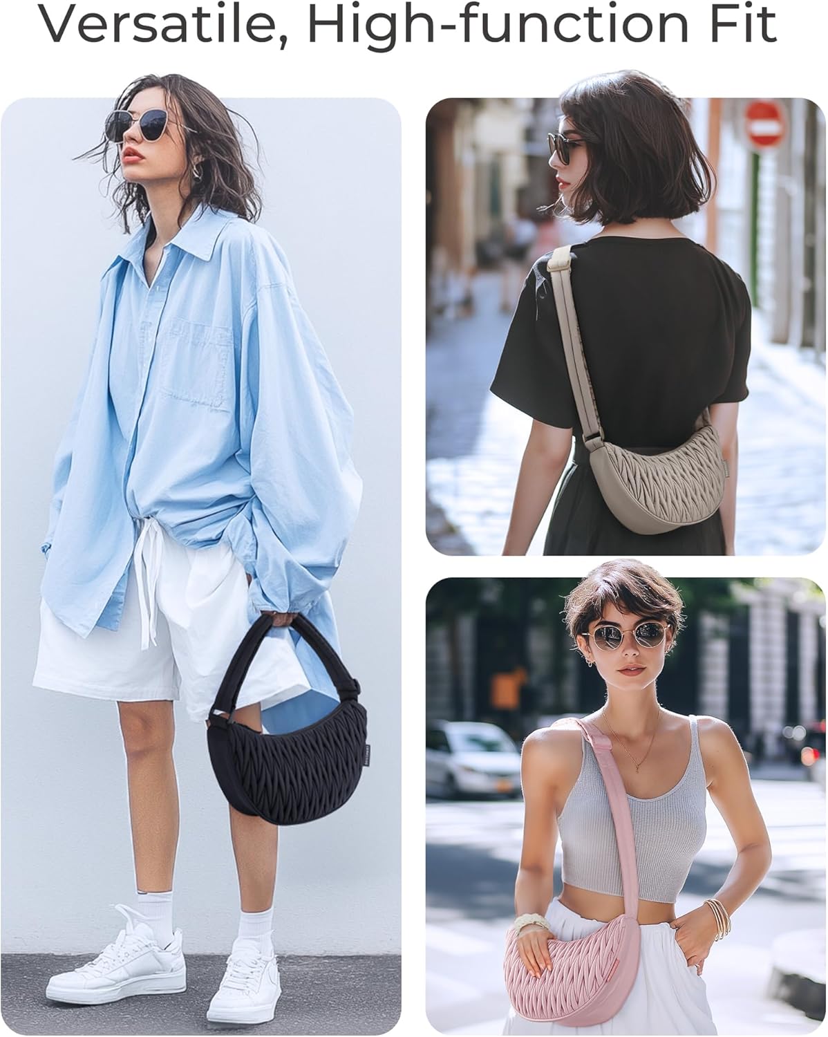 Bolsos bandolera pequeños BAGSMART para mujer, bolsos de hombro para mujer, bolsos bandolera acolchados, bolsos tipo hobo con forma de media luna 