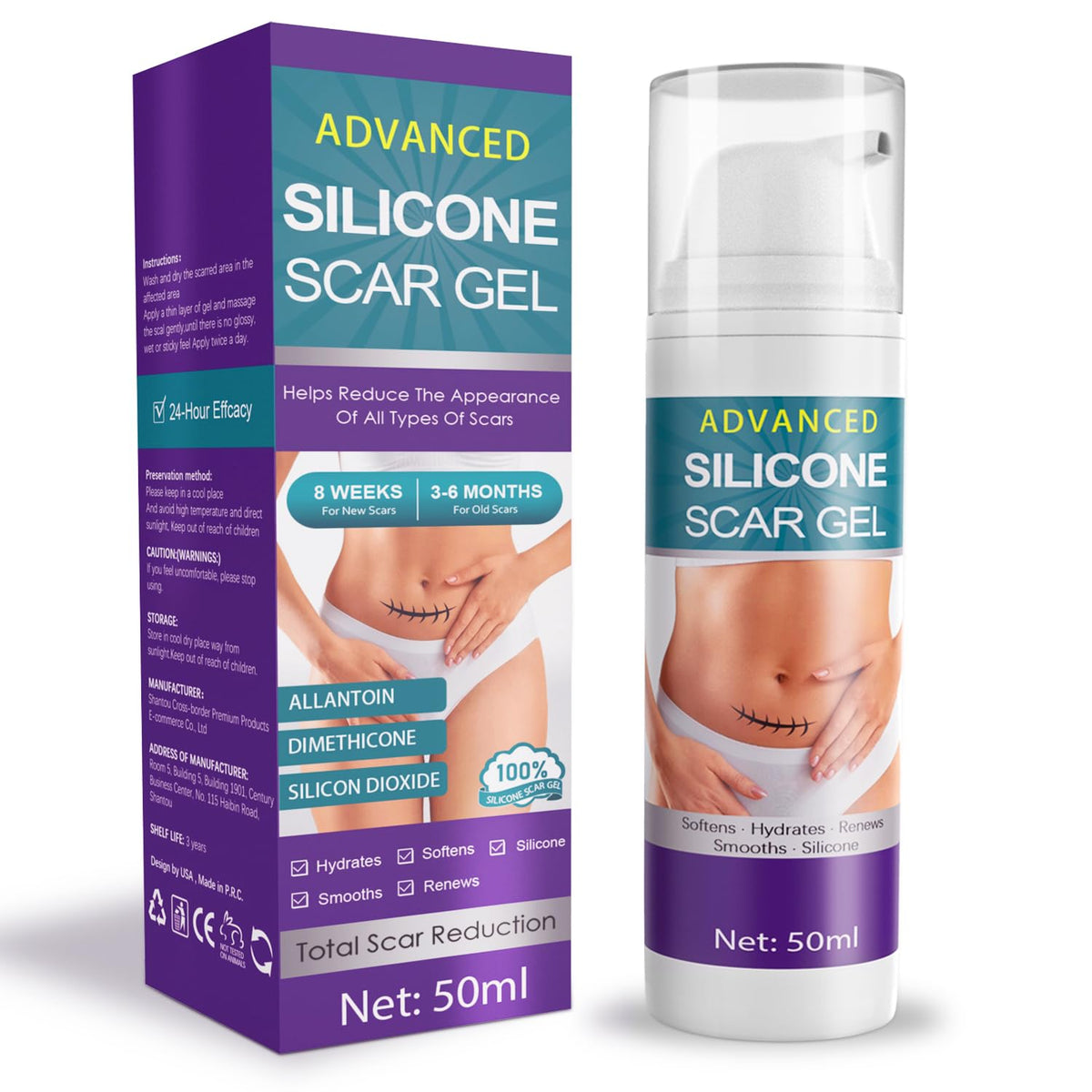 Silicone Scar Cream & Gel - Advanced Treatment for Stretch Marks, Scars, Burns, Acne, C-Section, Keloid - Unisex, 1.76Oz