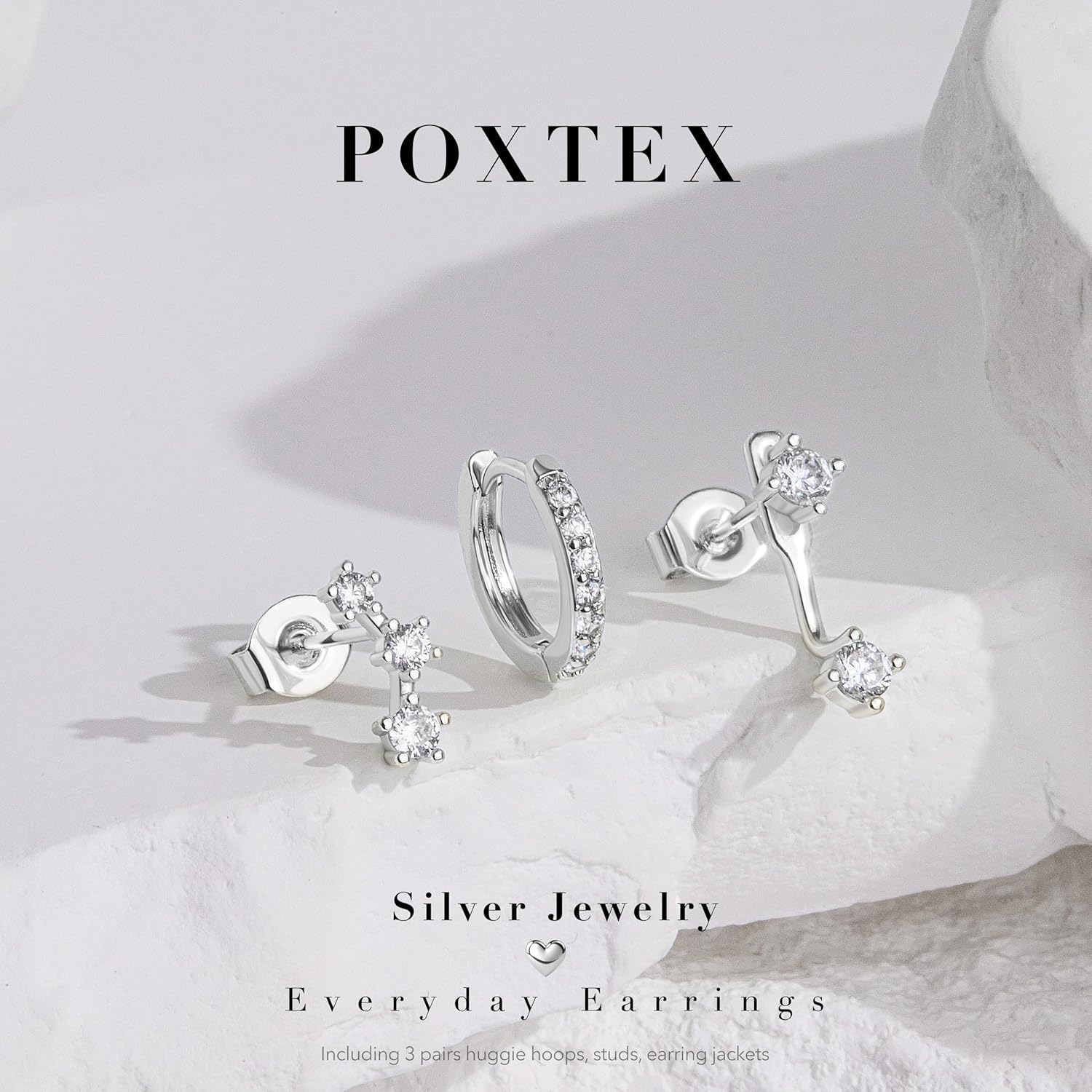 Silver Stud Earrings Set for Women, 3 Pairs Hoop Jacket Studs Earring Stack for Multiple Piercing, Hypoallergenic 925 Sterling Silver Jewelry Gifts for Mom
