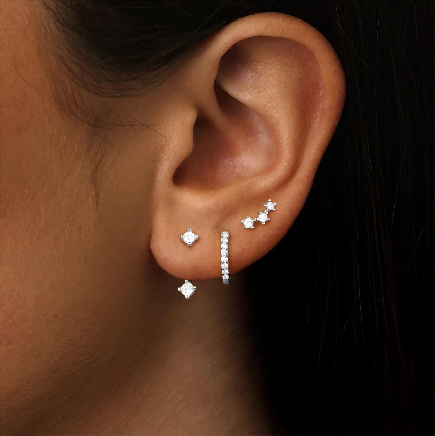 Silver Stud Earrings Set for Women, 3 Pairs Hoop Jacket Studs Earring Stack for Multiple Piercing, Hypoallergenic 925 Sterling Silver Jewelry Gifts for Mom