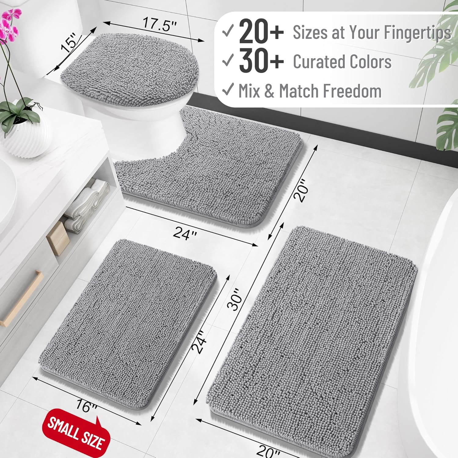 Soft Chenille Bath Rug 30x20, Quick-Dry & Non-Slip – Machine Washable Grey Bath Mat