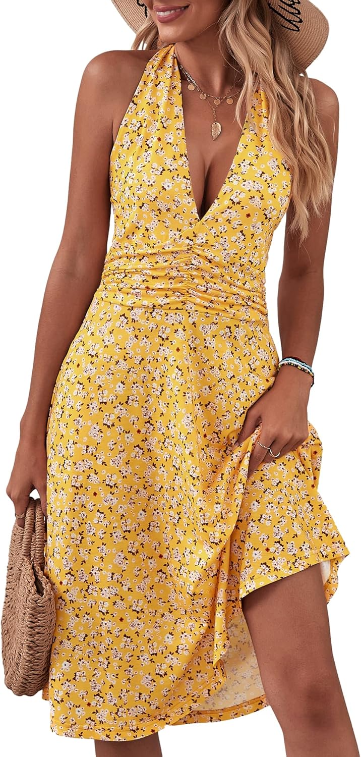 Women's Summer Sundress Sleeveless Halter Neck Spring Floral Dresses
