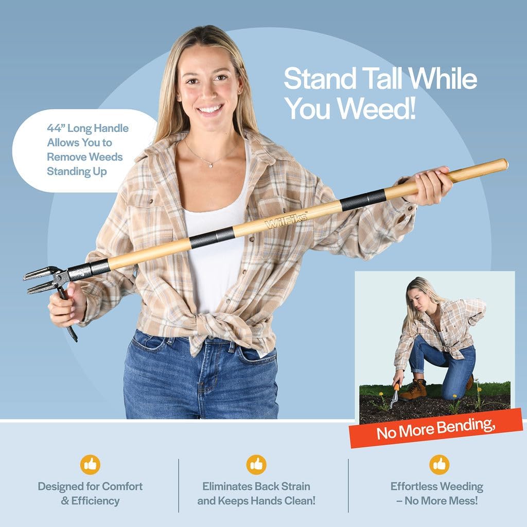 Stand-Up Heavy-Duty Weed Puller w/ Long Handle & Foot Platform - 4-Claw Steel Head, Bamboo Hand Weeder - Knee-Free Weed Removal