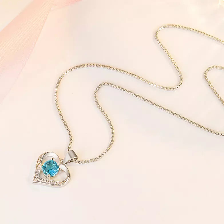 Women 925 Sterling Silver Pendant Necklace Heart Blue Purple CZ 18" chain Box