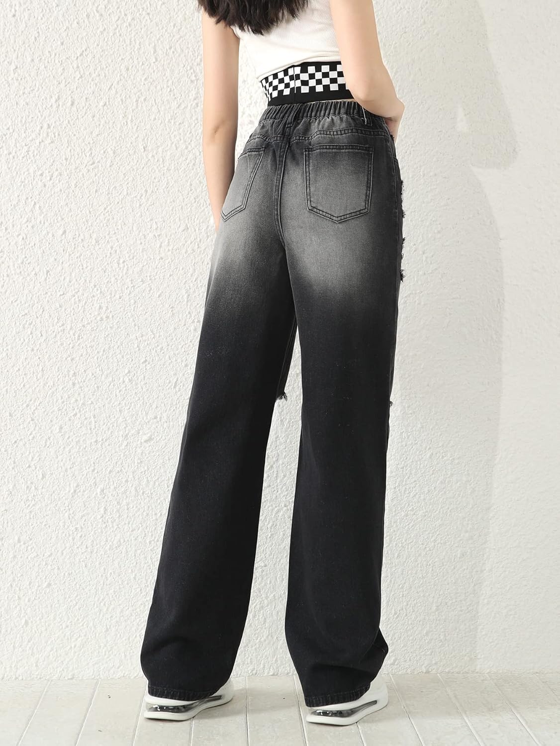 Pantalones vaqueros rectos con cintura elástica alta y rotos para niña de SweatyRocks con bolsillo 