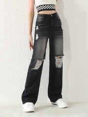 Pantalones vaqueros rectos con cintura elástica alta y rotos para niña de SweatyRocks con bolsillo 