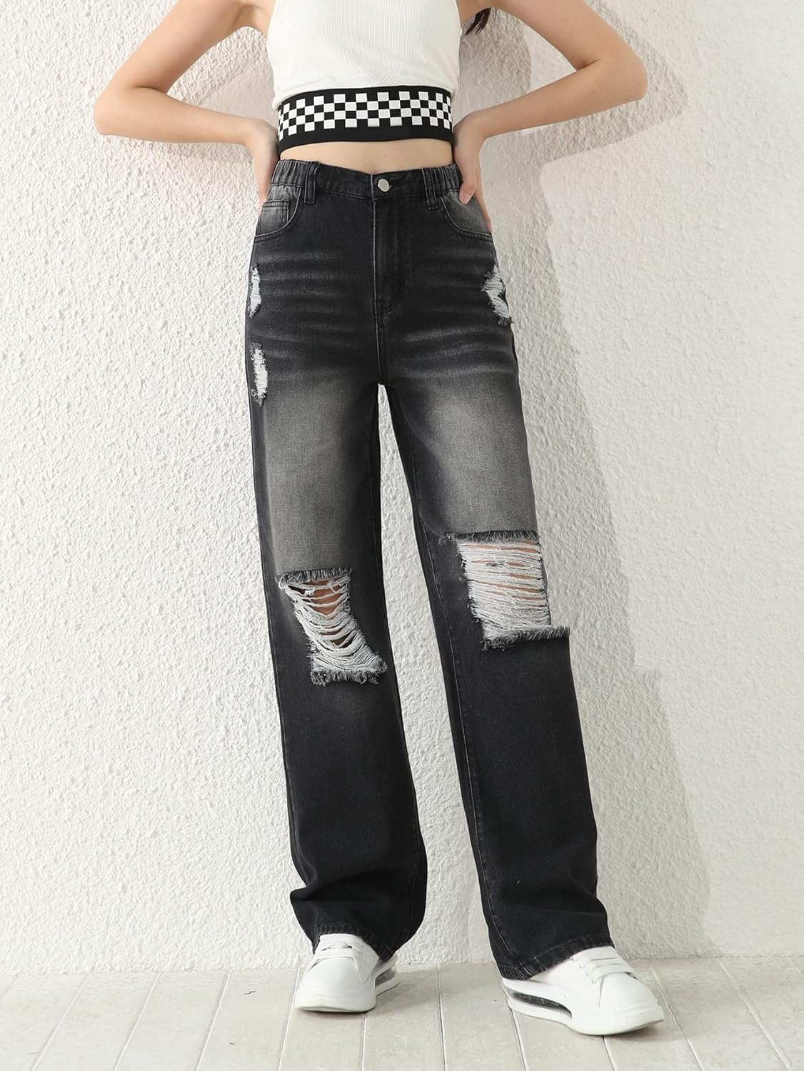 Pantalones vaqueros rectos con cintura elástica alta y rotos para niña de SweatyRocks con bolsillo 