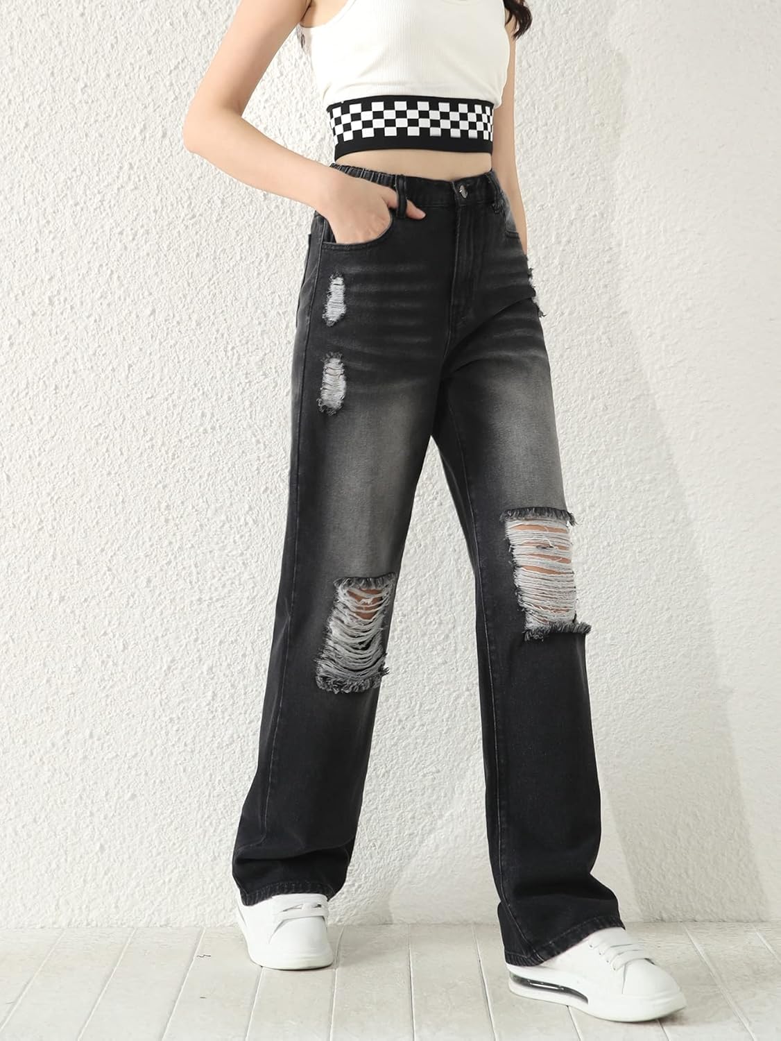 Pantalones vaqueros rectos con cintura elástica alta y rotos para niña de SweatyRocks con bolsillo 