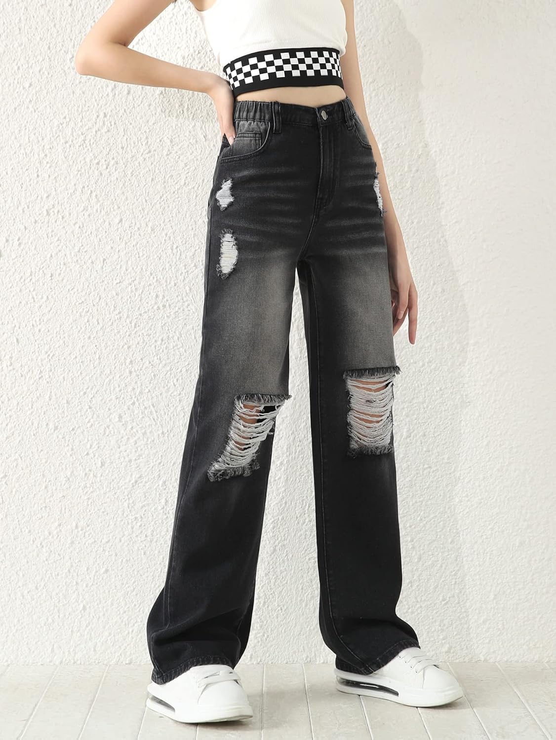 Pantalones vaqueros rectos con cintura elástica alta y rotos para niña de SweatyRocks con bolsillo 