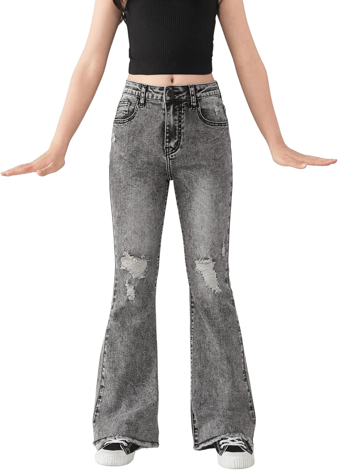 Pantalones vaqueros rectos con cintura elástica alta y rotos para niña de SweatyRocks con bolsillo 