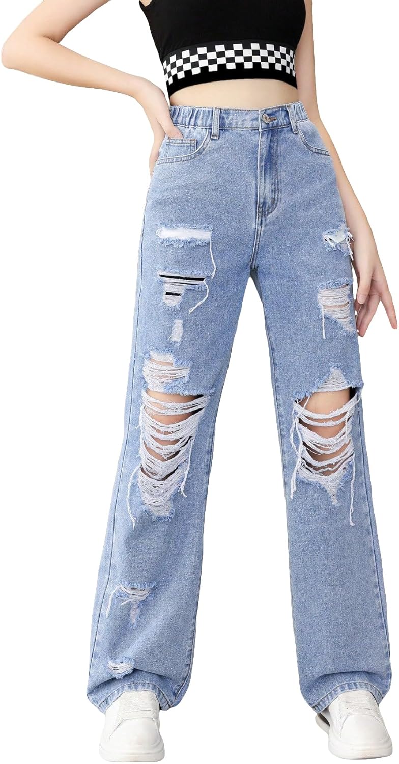 Pantalones vaqueros rectos con cintura elástica alta y rotos para niña de SweatyRocks con bolsillo 