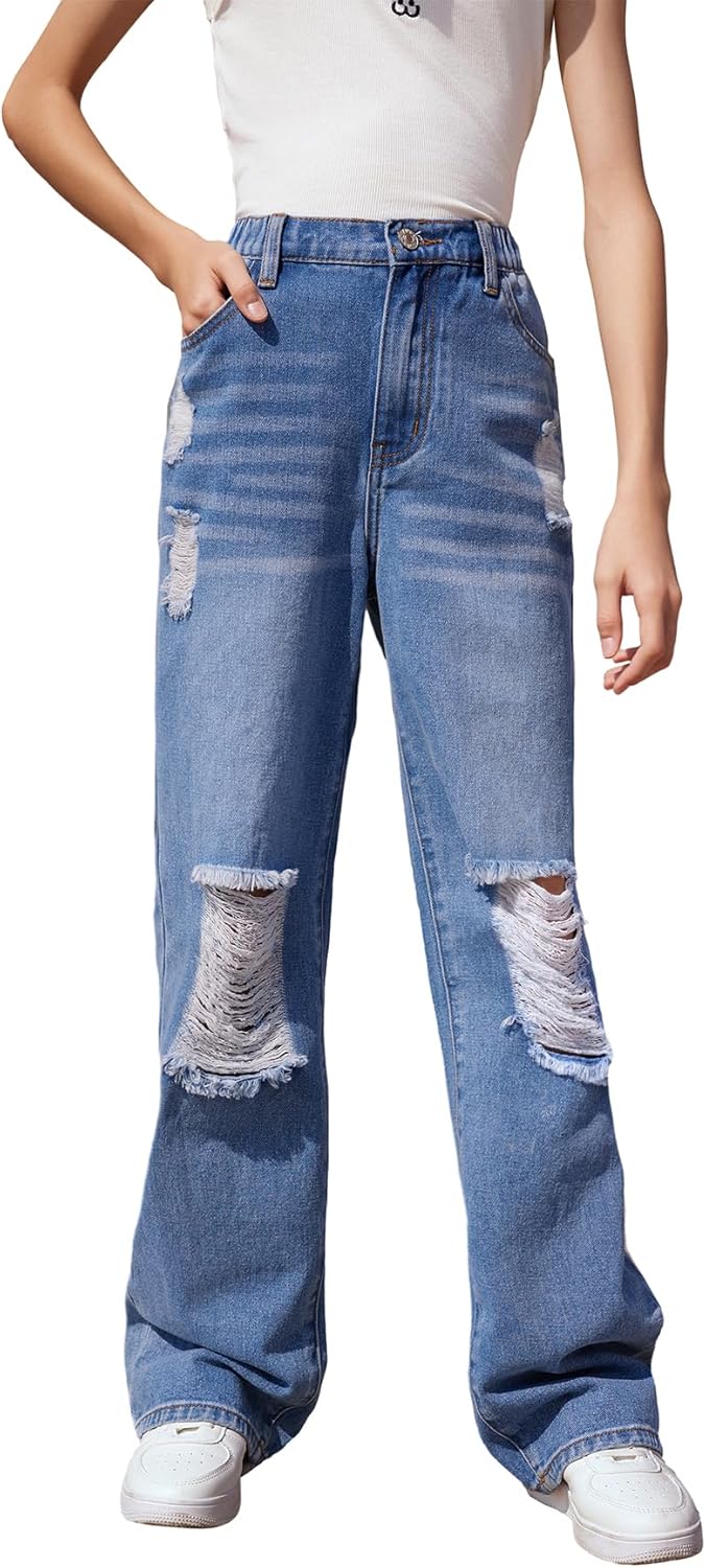 Pantalones vaqueros rectos con cintura elástica alta y rotos para niña de SweatyRocks con bolsillo 