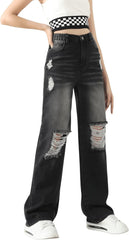 Pantalones vaqueros rectos con cintura elástica alta y rotos para niña de SweatyRocks con bolsillo 
