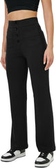 Pantalones de pierna recta para mujer de keriffe, pantalones casuales de trabajo de negocios elásticos con cintura alta y botones, múltiples bolsillos 