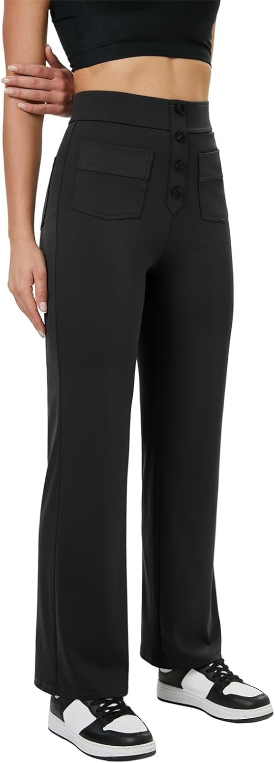 Pantalones de pierna recta para mujer de keriffe, pantalones casuales de trabajo de negocios elásticos con cintura alta y botones, múltiples bolsillos 