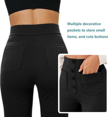 Pantalones de pierna recta para mujer de keriffe, pantalones casuales de trabajo de negocios elásticos con cintura alta y botones, múltiples bolsillos 