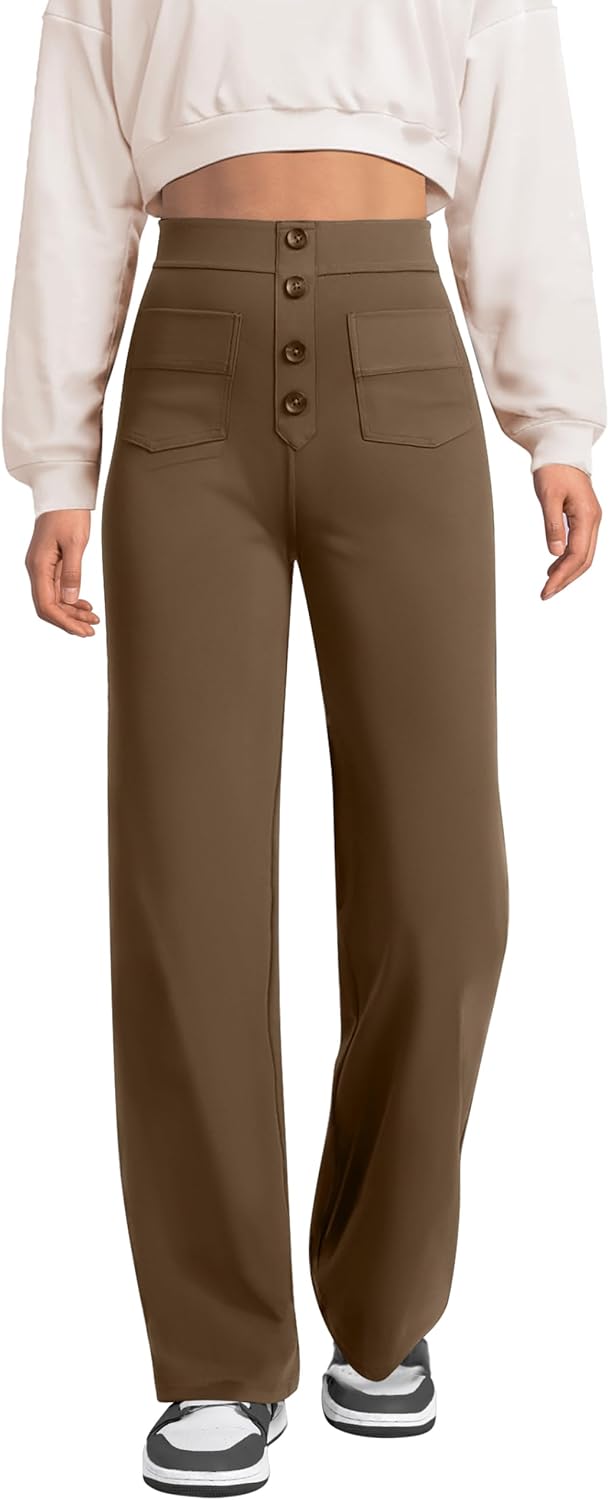 Pantalones de pierna recta para mujer de keriffe, pantalones casuales de trabajo de negocios elásticos con cintura alta y botones, múltiples bolsillos 