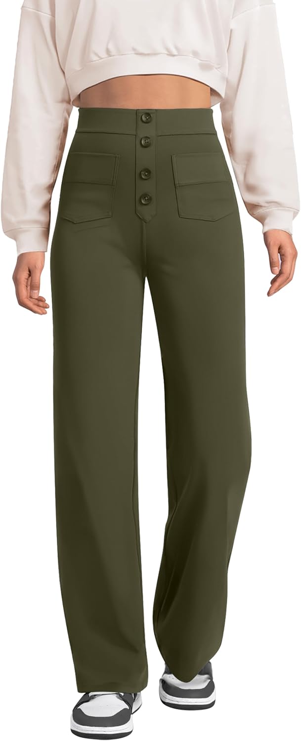 Pantalones de pierna recta para mujer de keriffe, pantalones casuales de trabajo de negocios elásticos con cintura alta y botones, múltiples bolsillos 