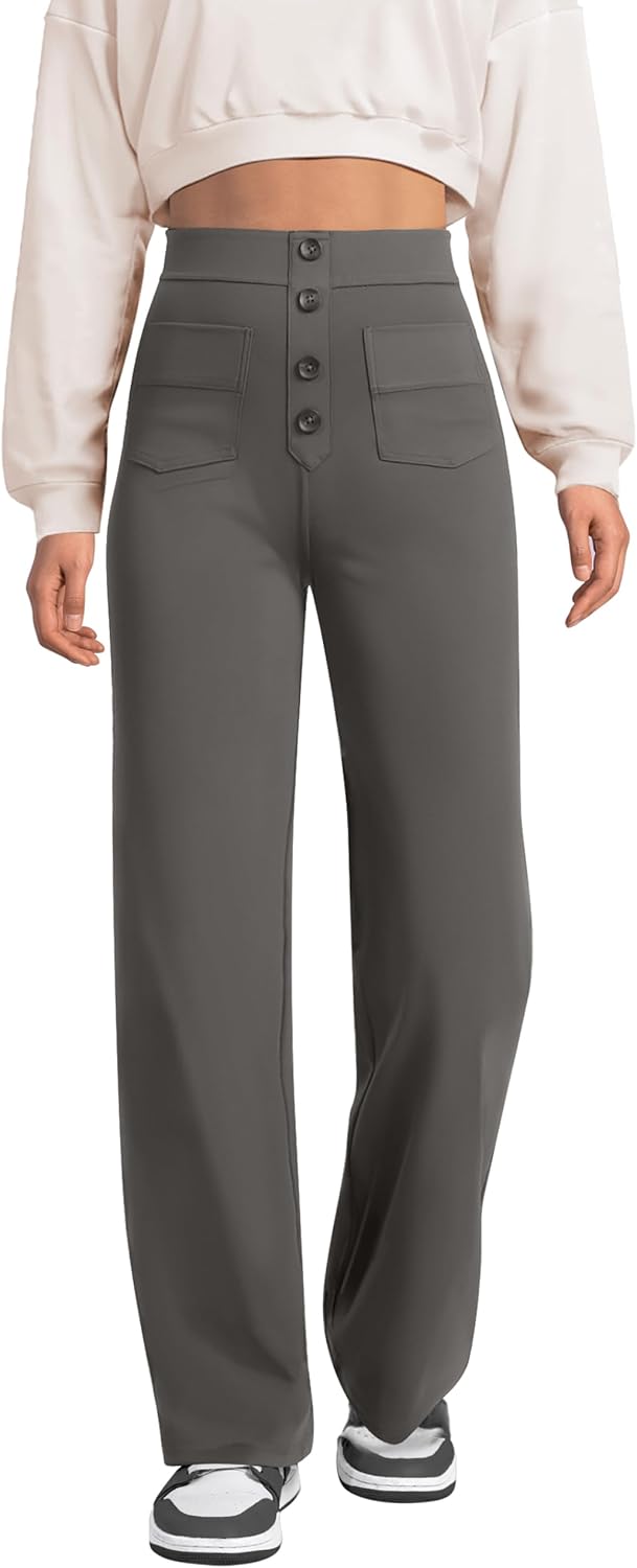 Pantalones de pierna recta para mujer de keriffe, pantalones casuales de trabajo de negocios elásticos con cintura alta y botones, múltiples bolsillos 