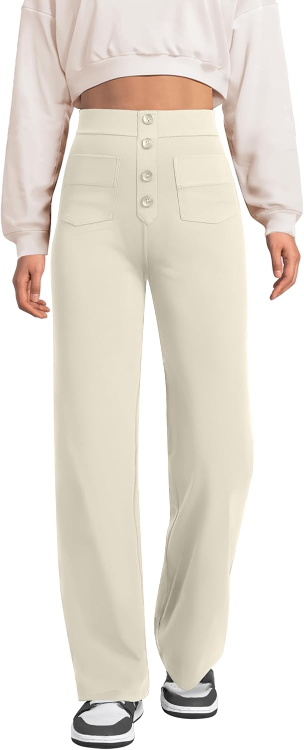 Pantalones de pierna recta para mujer de keriffe, pantalones casuales de trabajo de negocios elásticos con cintura alta y botones, múltiples bolsillos 