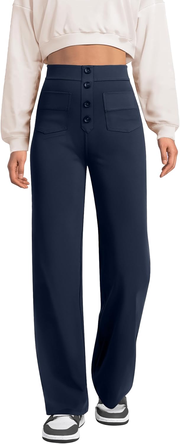 Pantalones de pierna recta para mujer de keriffe, pantalones casuales de trabajo de negocios elásticos con cintura alta y botones, múltiples bolsillos 