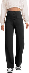 Pantalones de pierna recta para mujer de keriffe, pantalones casuales de trabajo de negocios elásticos con cintura alta y botones, múltiples bolsillos 