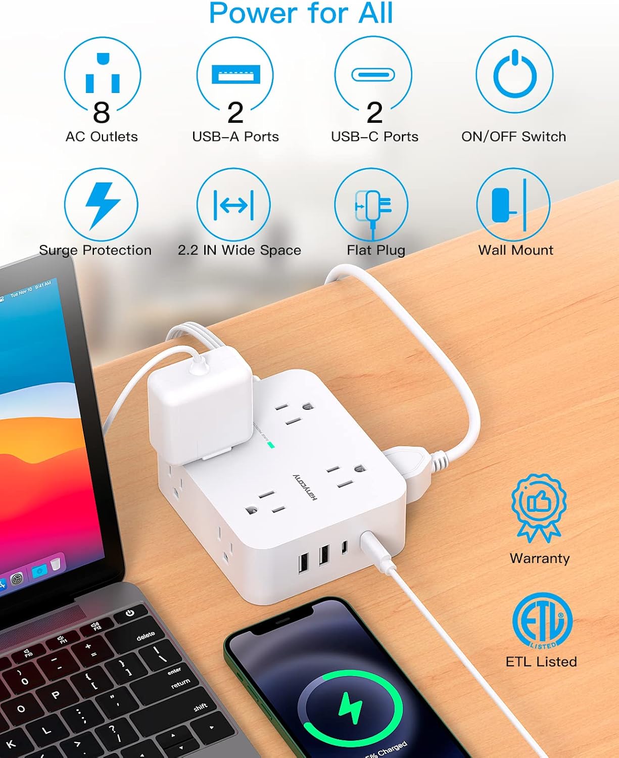 Surge Protecting Power Strip Extender, 5ft Ultra Thin Flat, 8 Outlets + 4 USB (2 USB-C), 1080J, Home/Office/Dorm Essentials.