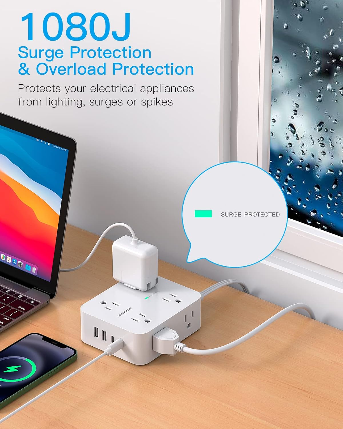 Surge Protecting Power Strip Extender, 5ft Ultra Thin Flat, 8 Outlets + 4 USB (2 USB-C), 1080J, Home/Office/Dorm Essentials.