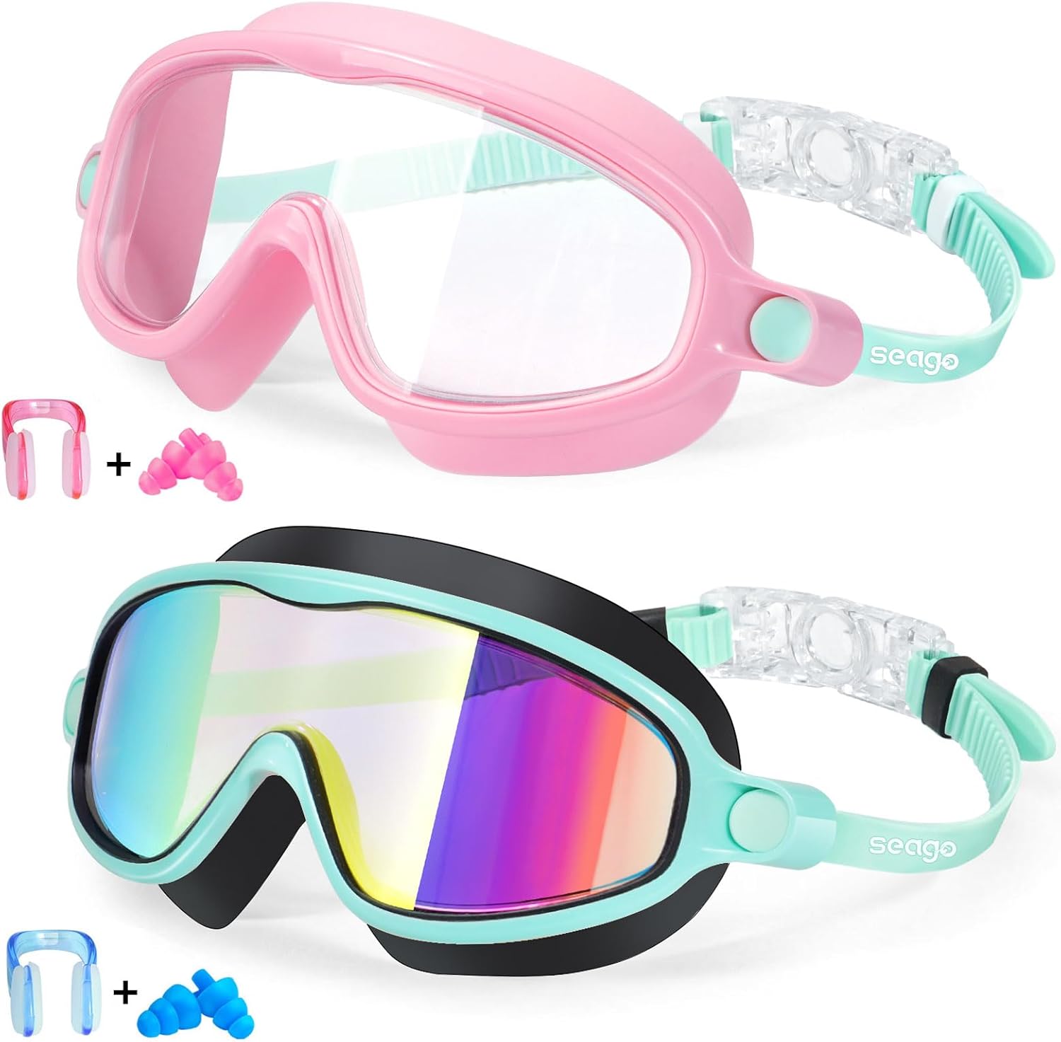 Swim Goggles 2 Pack Anti-Fog Anti-UV Wide View Swimming Goggles for Kids 3-15