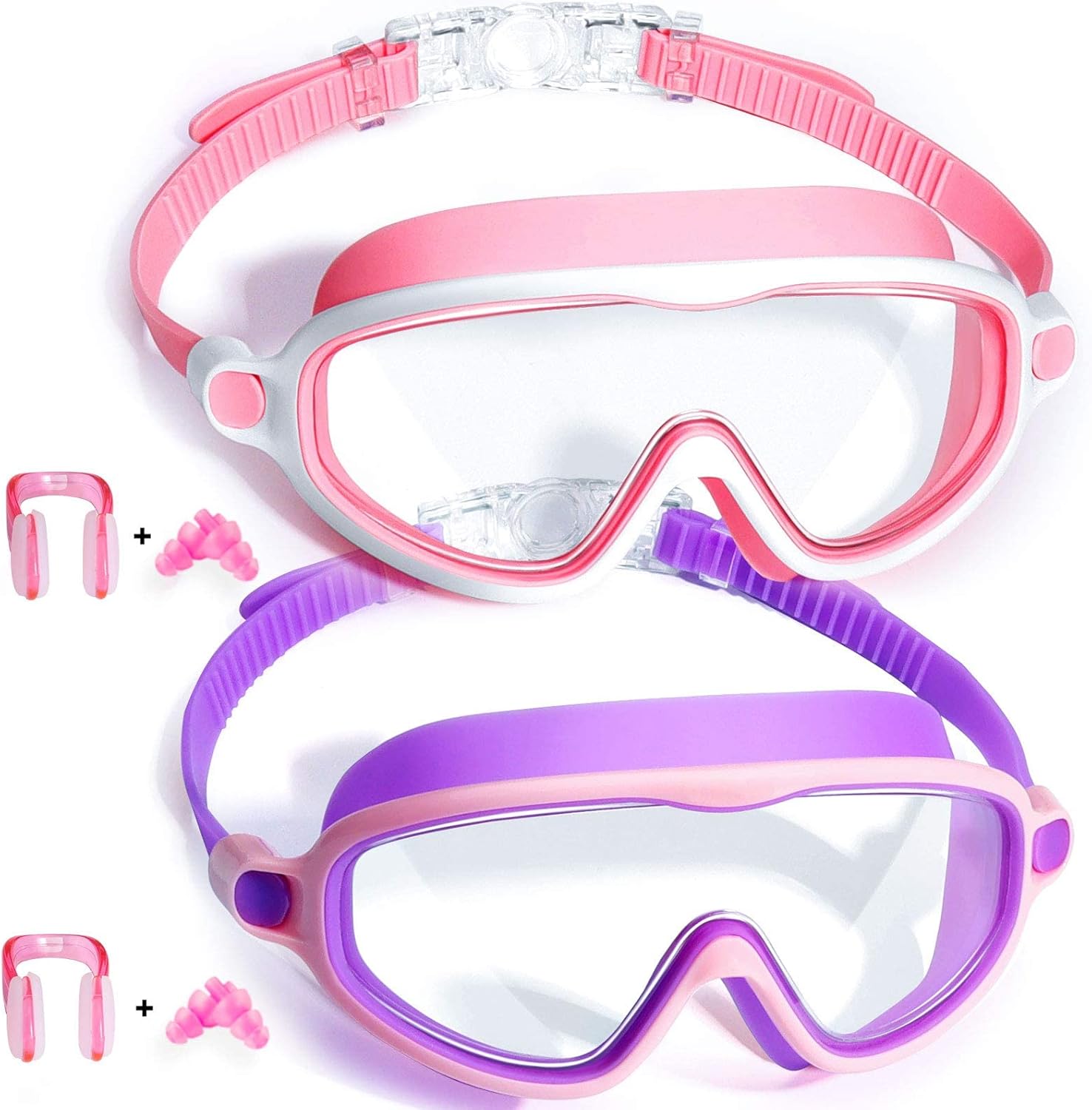 Swim Goggles 2 Pack Anti-Fog Anti-UV Wide View Swimming Goggles for Kids 3-15