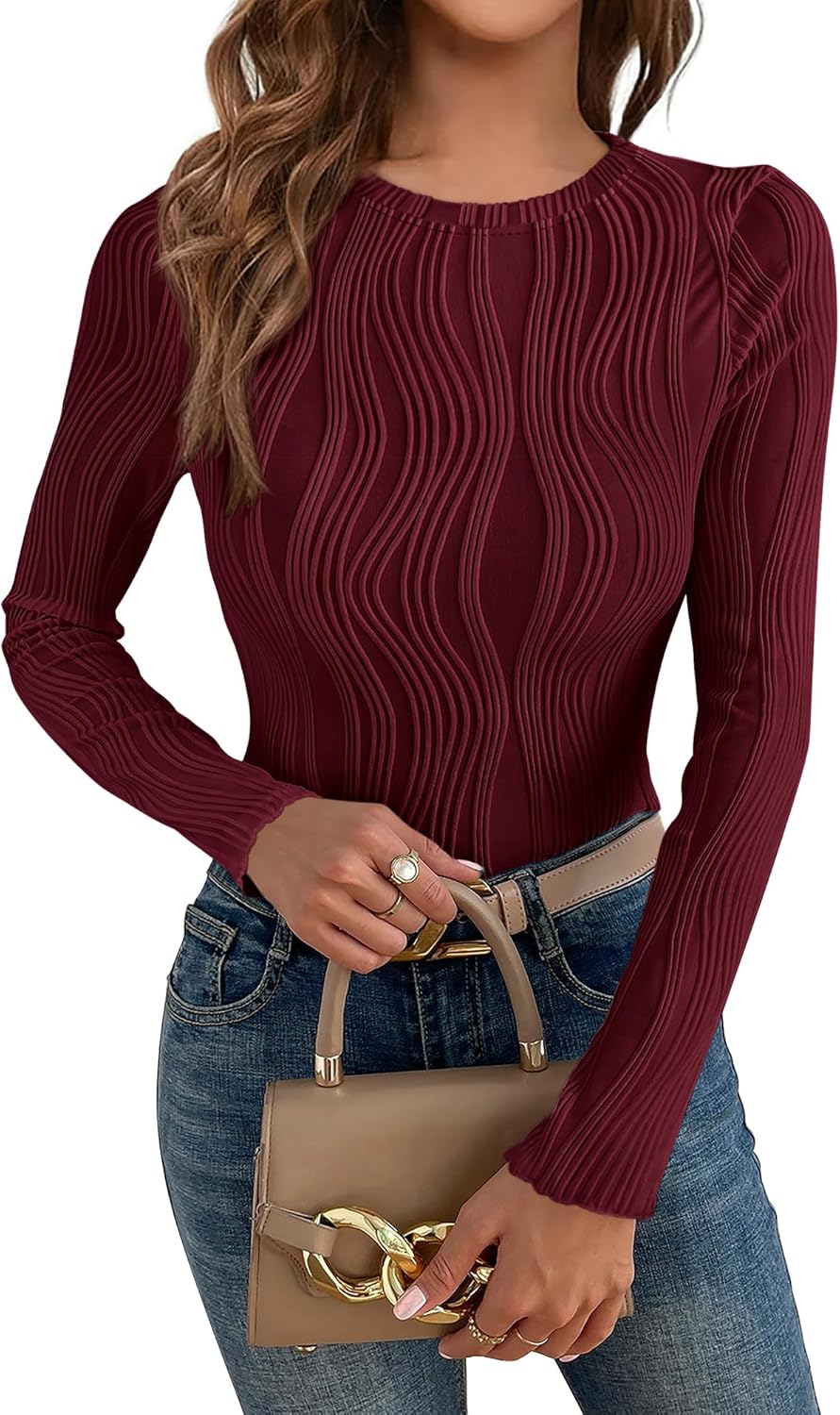 PRETTYGARDEN Women's Tops 2025 Cute Long Sleeve Crewneck Blouses Plain Slim Fit Fall Shirts Textured Knit Basic T Shirts