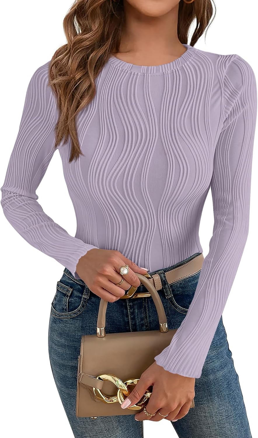 PRETTYGARDEN Women's Tops 2025 Cute Long Sleeve Crewneck Blouses Plain Slim Fit Fall Shirts Textured Knit Basic T Shirts