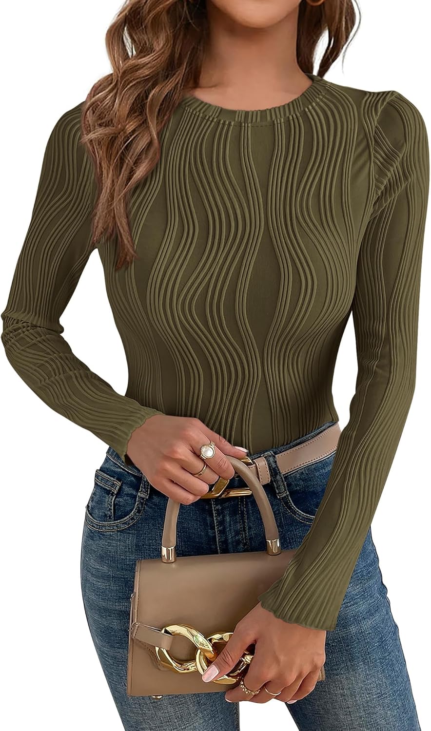PRETTYGARDEN Women's Tops 2025 Cute Long Sleeve Crewneck Blouses Plain Slim Fit Fall Shirts Textured Knit Basic T Shirts