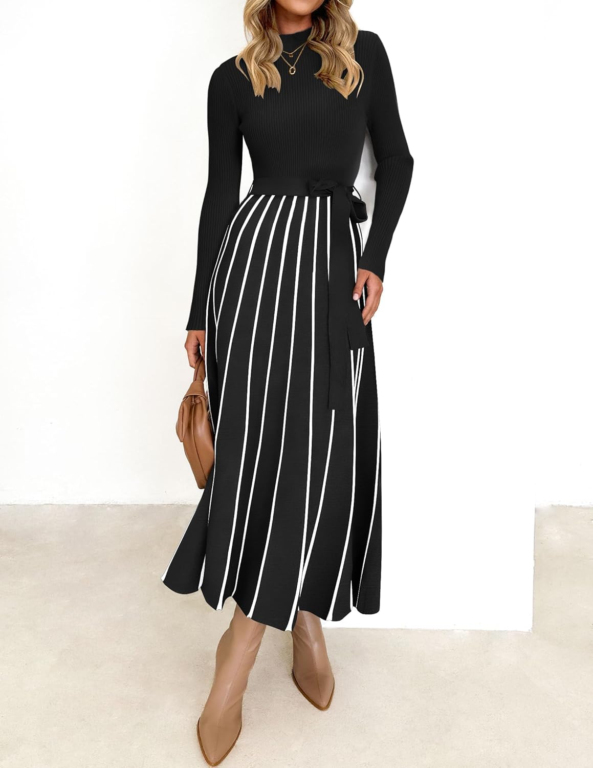 Vestido tipo suéter de manga larga con cuello alto para mujer de ZESICA, vestido informal holgado de punto acanalado con cintura anudada y corte en A, para primavera 