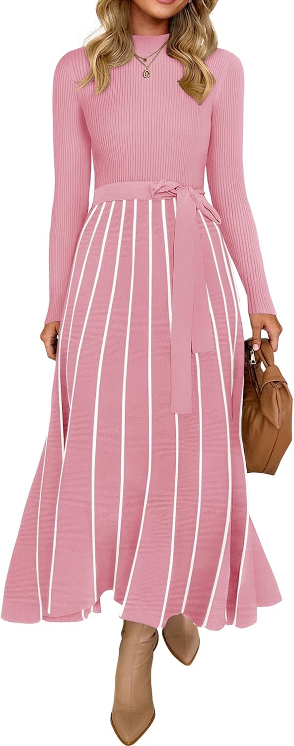 Vestido tipo suéter de manga larga con cuello alto para mujer de ZESICA, vestido informal holgado de punto acanalado con cintura anudada y corte en A, para primavera 