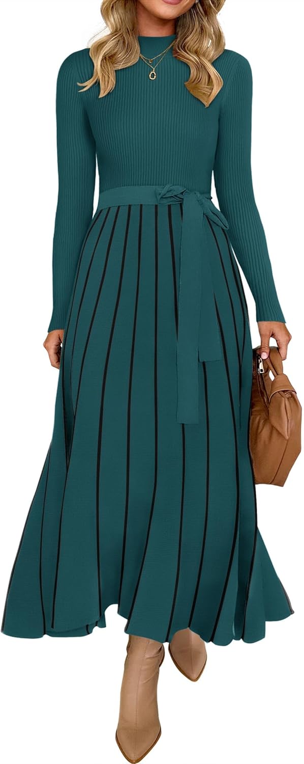 Vestido tipo suéter de manga larga con cuello alto para mujer de ZESICA, vestido informal holgado de punto acanalado con cintura anudada y corte en A, para primavera 
