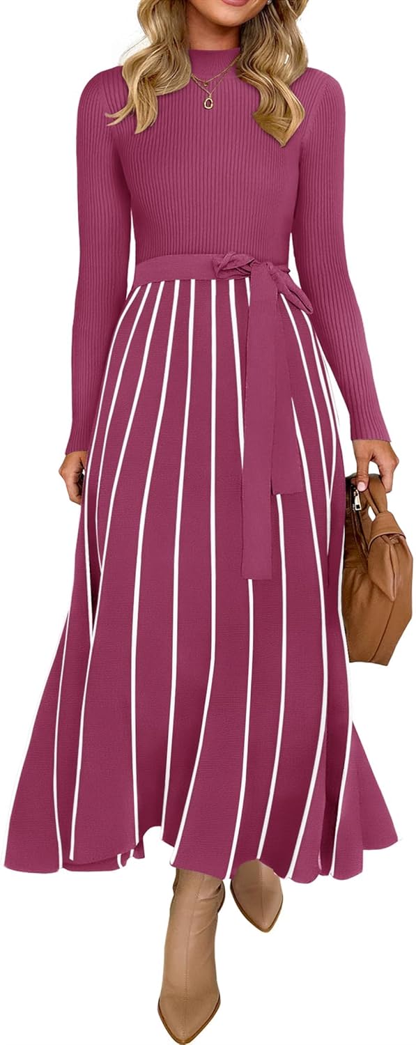 Vestido tipo suéter de manga larga con cuello alto para mujer de ZESICA, vestido informal holgado de punto acanalado con cintura anudada y corte en A, para primavera 