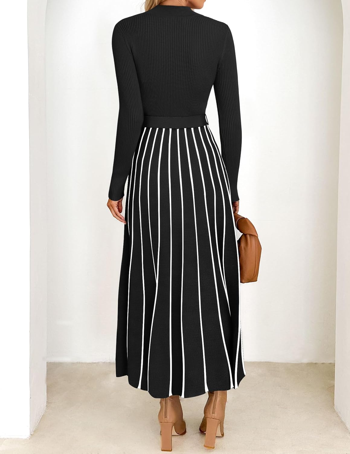 Vestido tipo suéter de manga larga con cuello alto para mujer de ZESICA, vestido informal holgado de punto acanalado con cintura anudada y corte en A, para primavera 