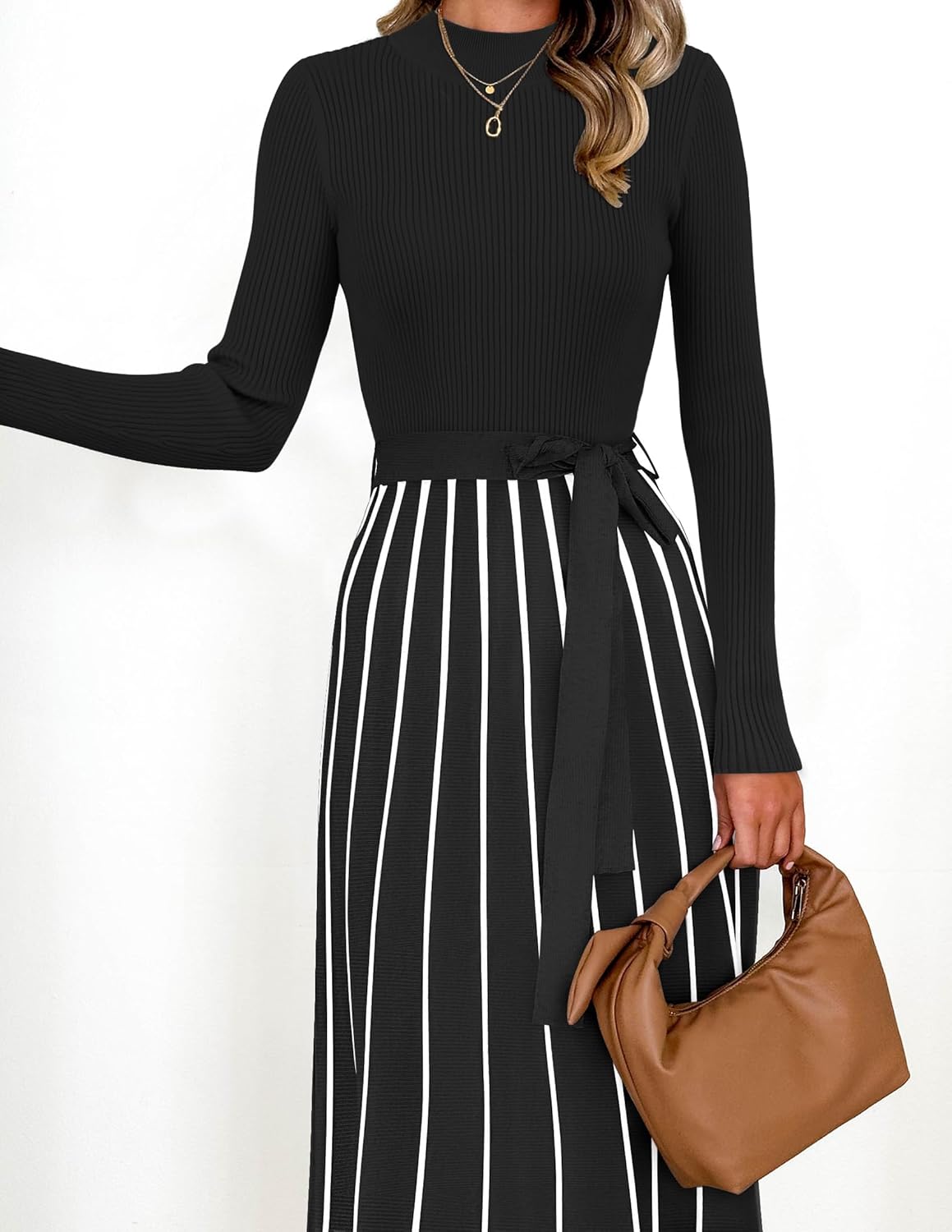 Vestido tipo suéter de manga larga con cuello alto para mujer de ZESICA, vestido informal holgado de punto acanalado con cintura anudada y corte en A, para primavera 