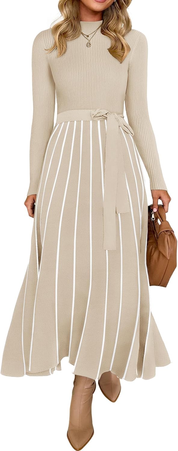 Vestido tipo suéter de manga larga con cuello alto para mujer de ZESICA, vestido informal holgado de punto acanalado con cintura anudada y corte en A, para primavera 