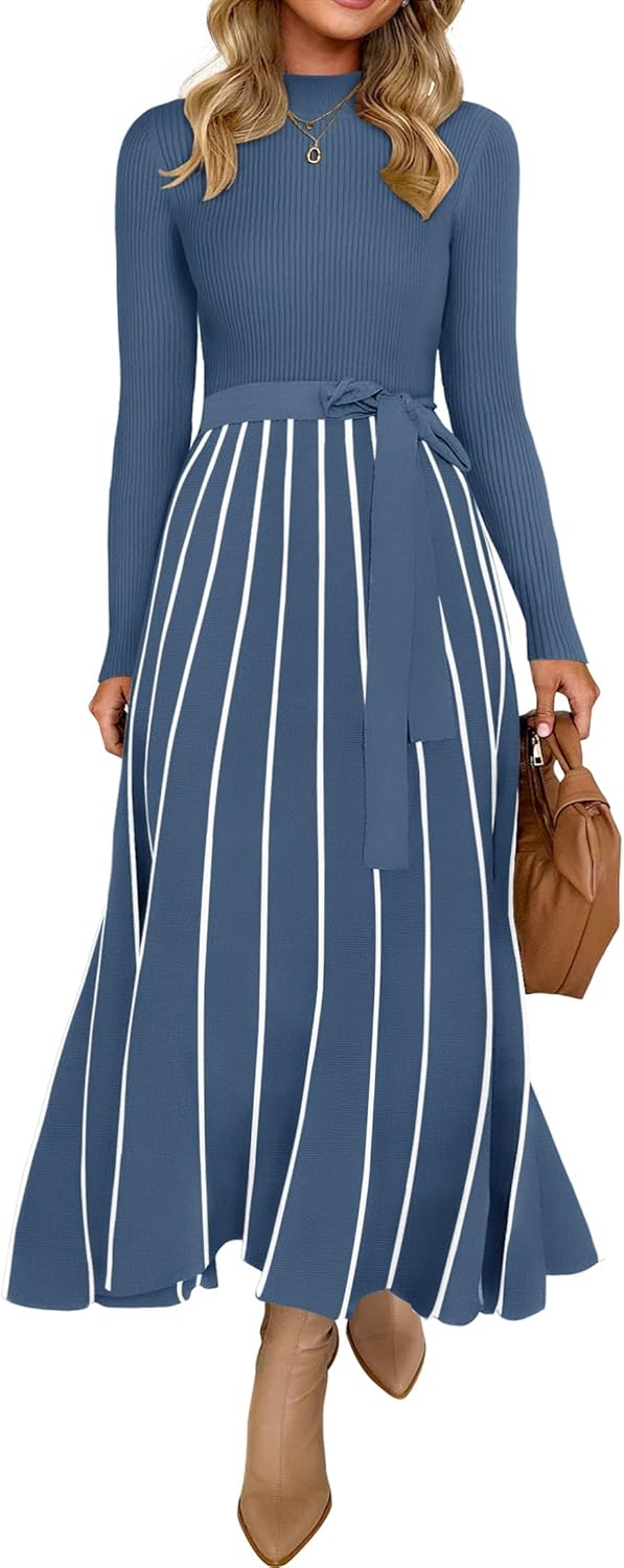 Vestido tipo suéter de manga larga con cuello alto para mujer de ZESICA, vestido informal holgado de punto acanalado con cintura anudada y corte en A, para primavera 