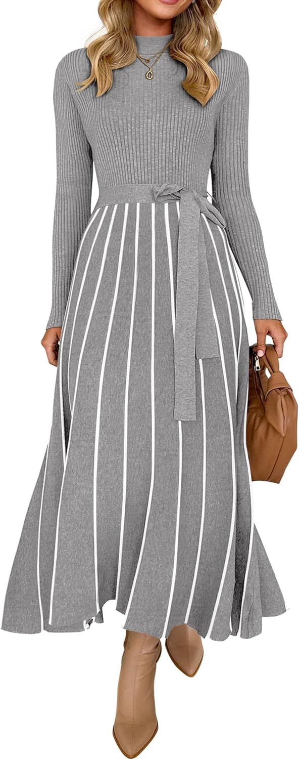 Vestido tipo suéter de manga larga con cuello alto para mujer de ZESICA, vestido informal holgado de punto acanalado con cintura anudada y corte en A, para primavera 