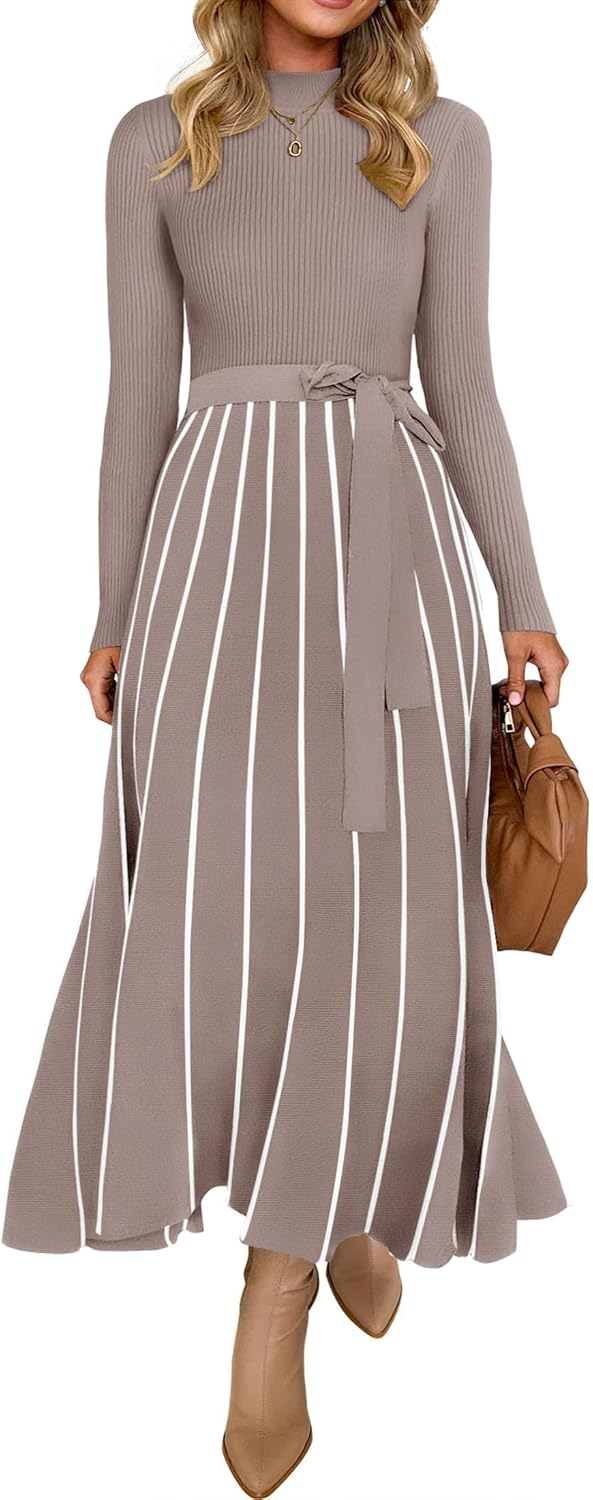 Vestido tipo suéter de manga larga con cuello alto para mujer de ZESICA, vestido informal holgado de punto acanalado con cintura anudada y corte en A, para primavera 